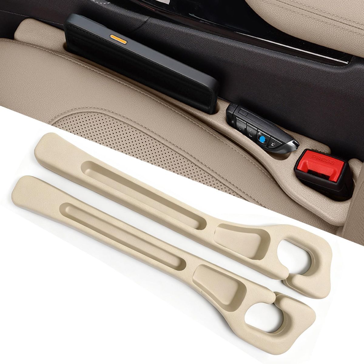Car Seat Gap Filler Organizer of 2, 2 in 1 Car Gap Filler | Universal Gap Filler with Storage Pockets, No Drop Seat Guard for Phones Keys Cards,Car Accessories for Most Cars Trucks SUVs - Beige - Size 2PCS
