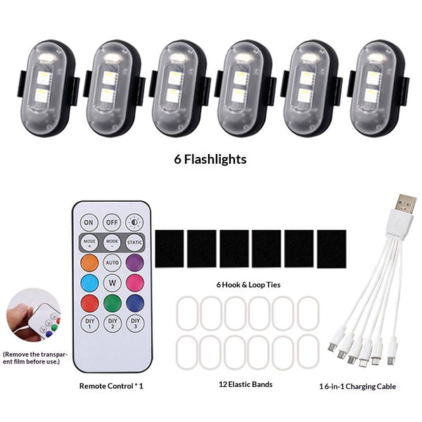 Six wireless LED strobe light pods with wireless remote control, shown as a set