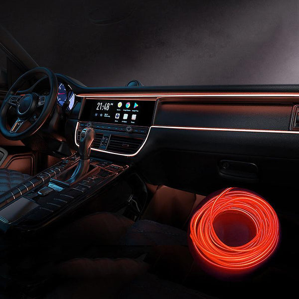 3m red EL wire neon strip light installed along a car interior dashboard